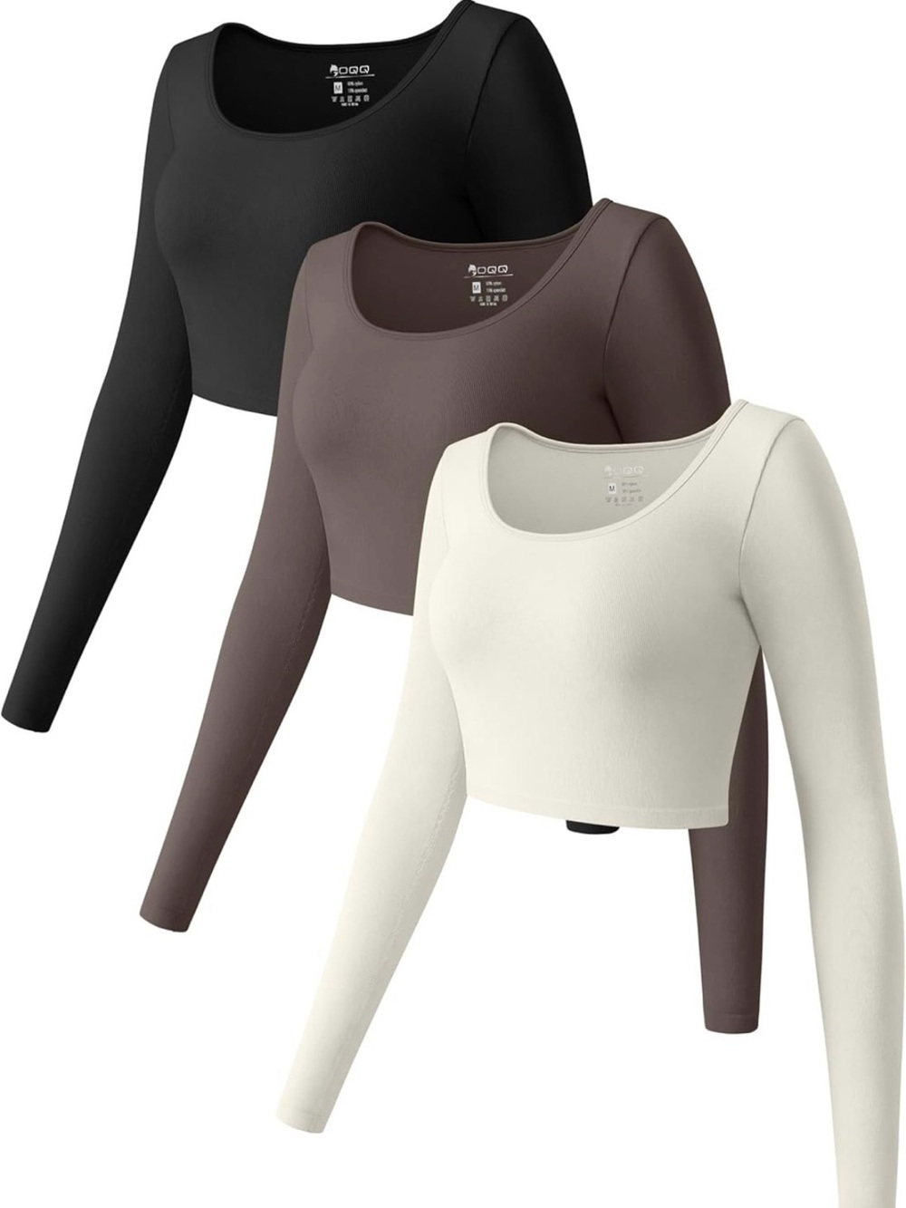 Women’s Long Sleeve Scoop Neck Crop Top - Black, Brown, Cream